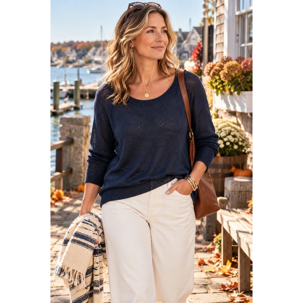 J Crew Linen Cotton Sweater M Navy Blue Lightweight Scoop Neck Pullover Preppy